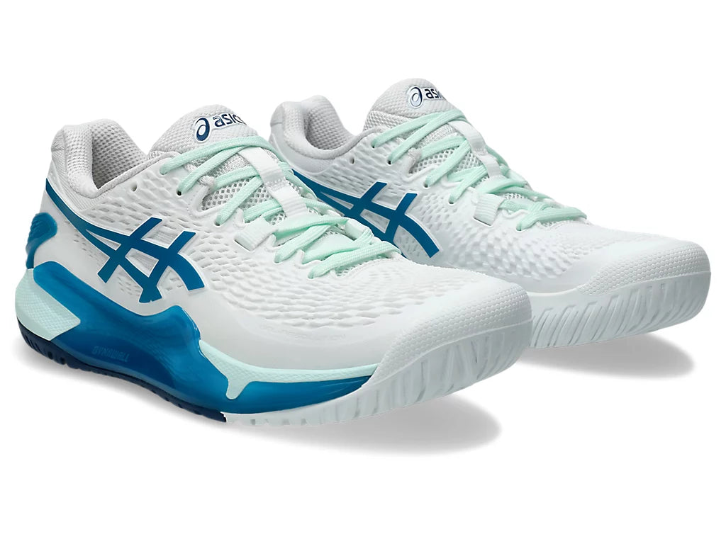 Asics Women's GEL-RESOLUTION 9 Tennis Shoes in White/Teal Blue