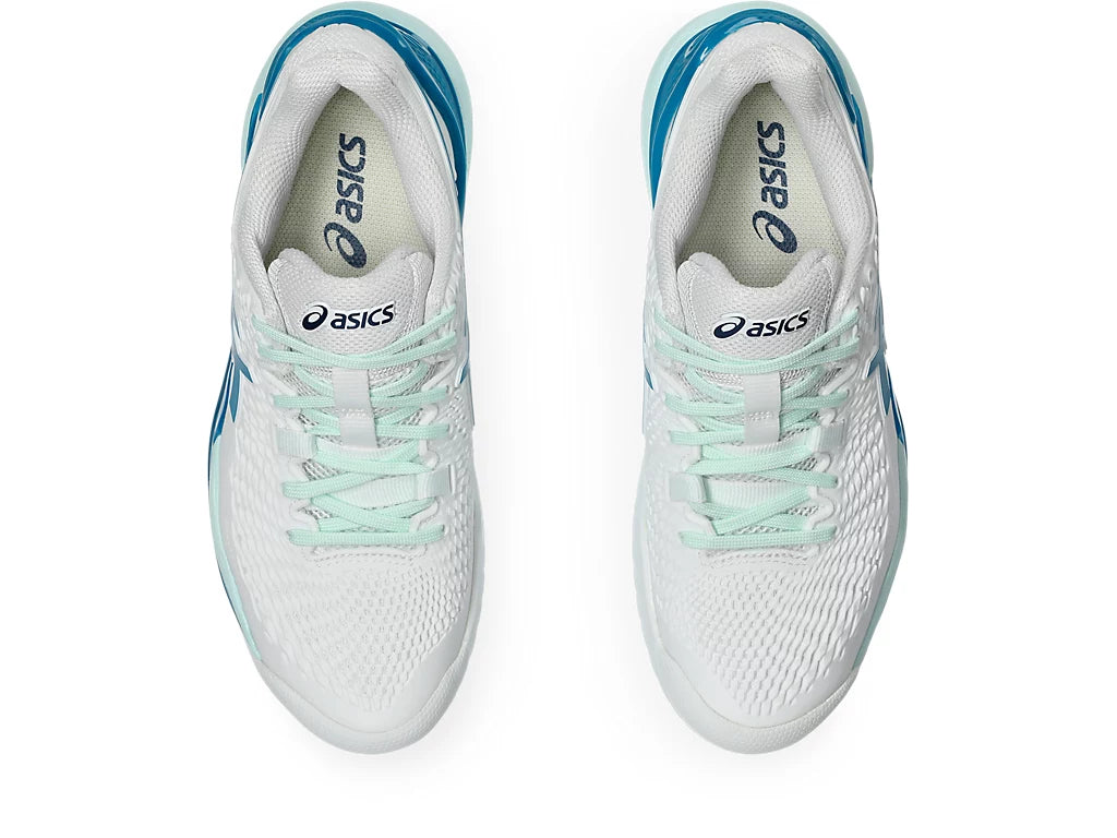 Asics Women's GEL-RESOLUTION 9 Tennis Shoes in White/Teal Blue