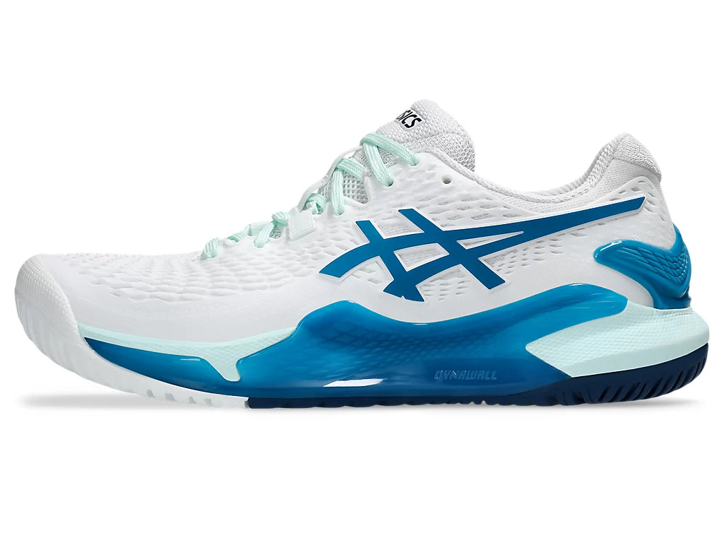 Asics Women's GEL-RESOLUTION 9 Tennis Shoes in White/Teal Blue