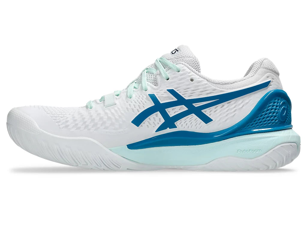 Asics Women's GEL-RESOLUTION 9 Tennis Shoes in White/Teal Blue