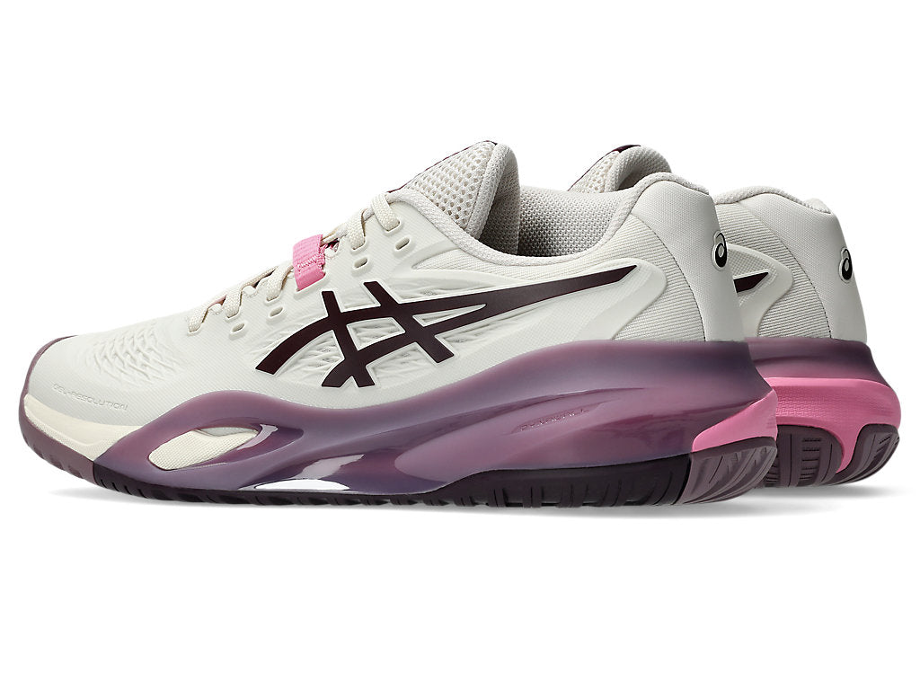 Asics Women's GEL-RESOLUTION X Wide (D) Tennis Shoes in Soft Oat/Dark Aubergine