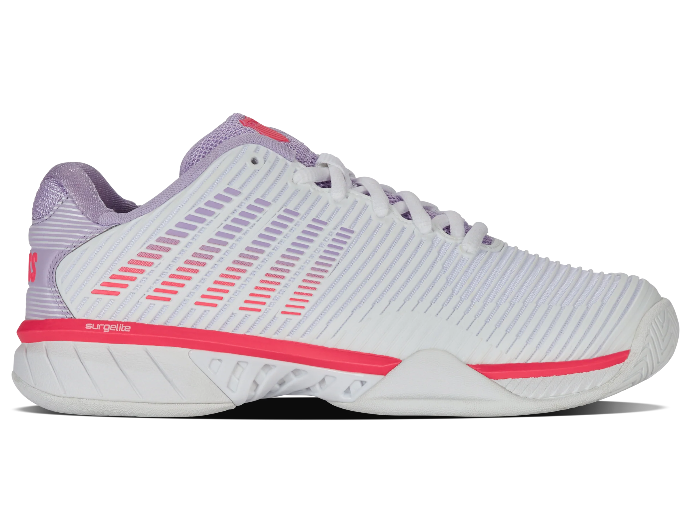 K-Swiss Women's Hypercourt Express 2 Wide Tennis Shoes in White/Orchid Petal/Neon Blaze