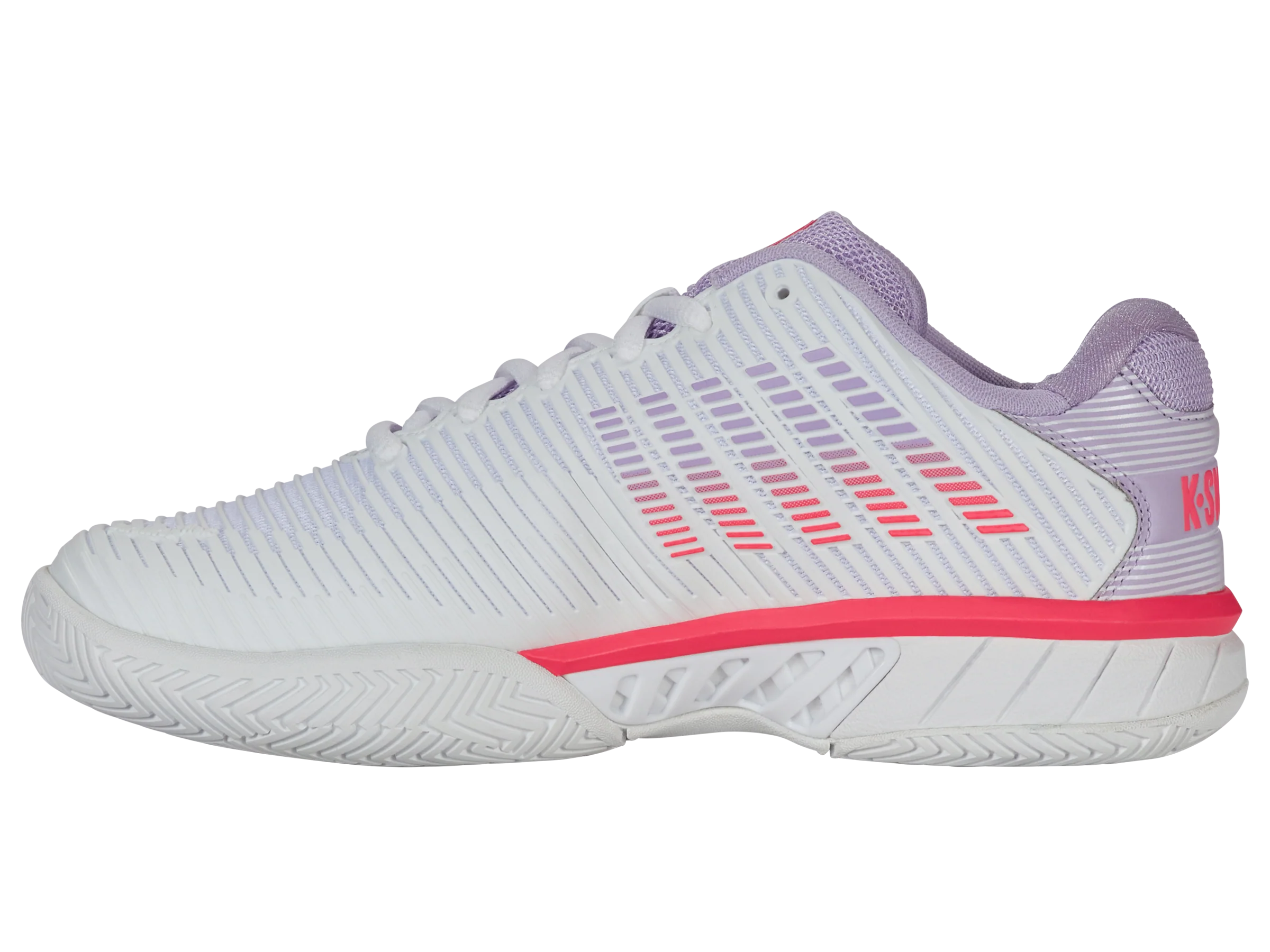 K-Swiss Women's Hypercourt Express 2 Wide Tennis Shoes in White/Orchid Petal/Neon Blaze