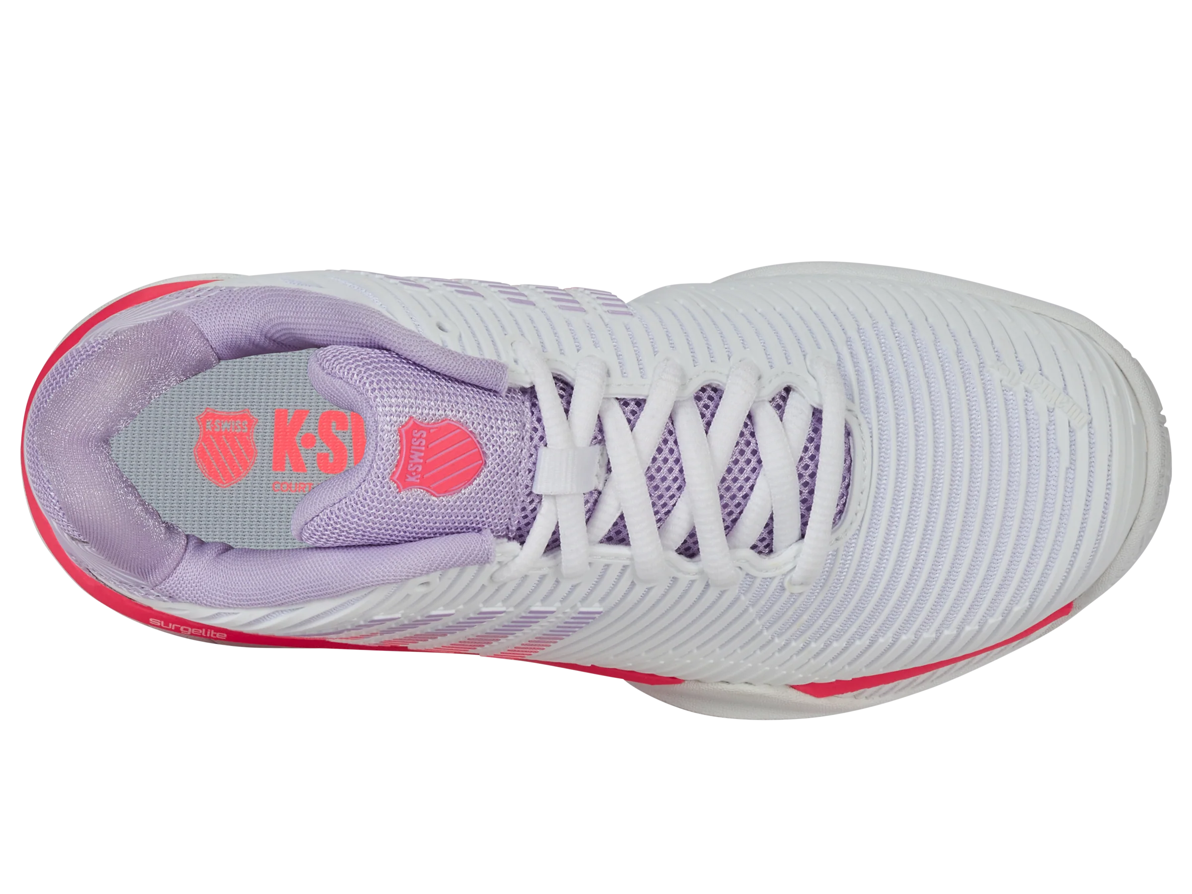 K-Swiss Women's Hypercourt Express 2 Wide Tennis Shoes in White/Orchid Petal/Neon Blaze