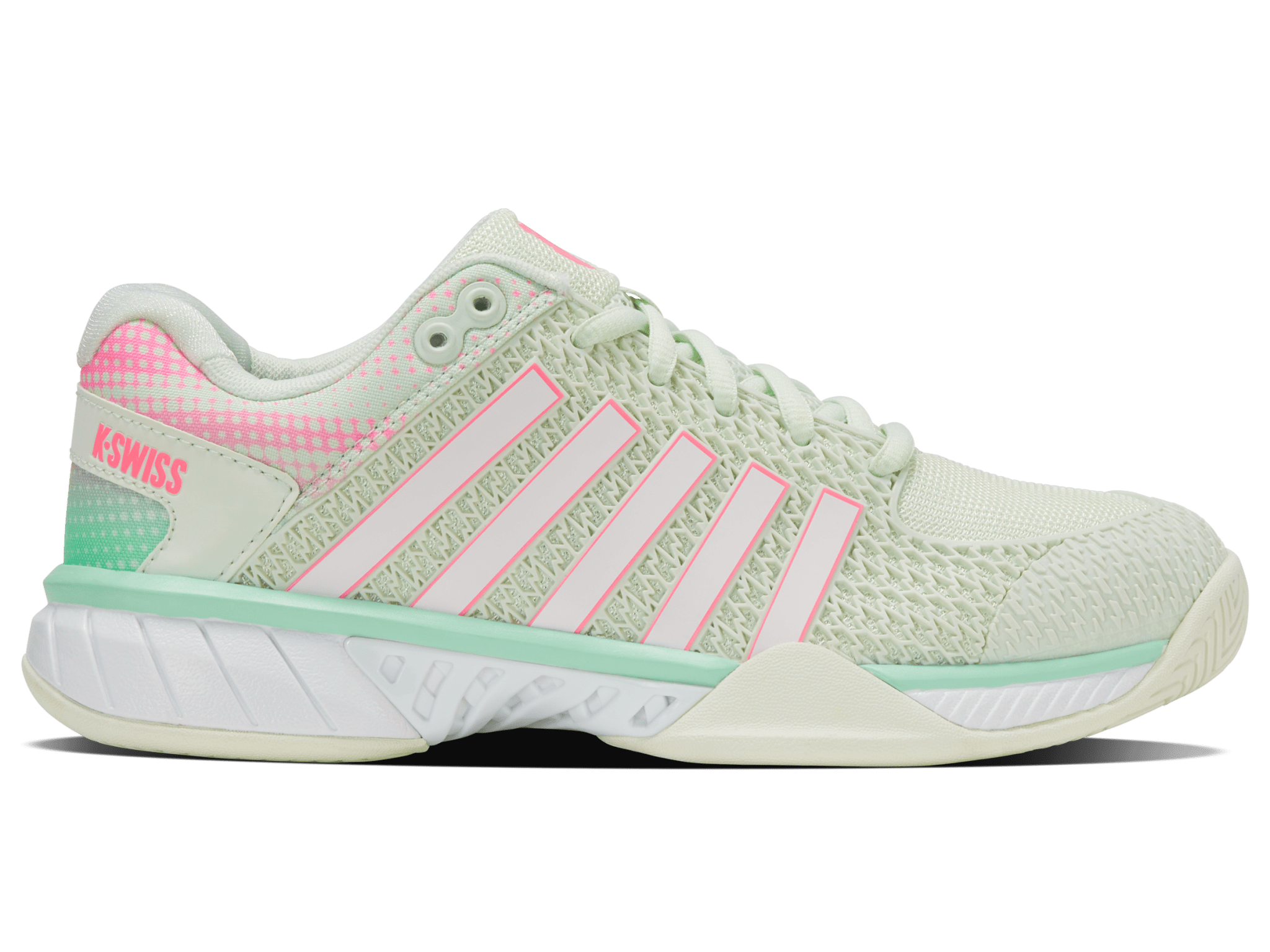 K-Swiss Women's Express Light Wide Pickleball Shoes in Ice/Honeydew – Ice/Honeydew/Neon Pastel Pink