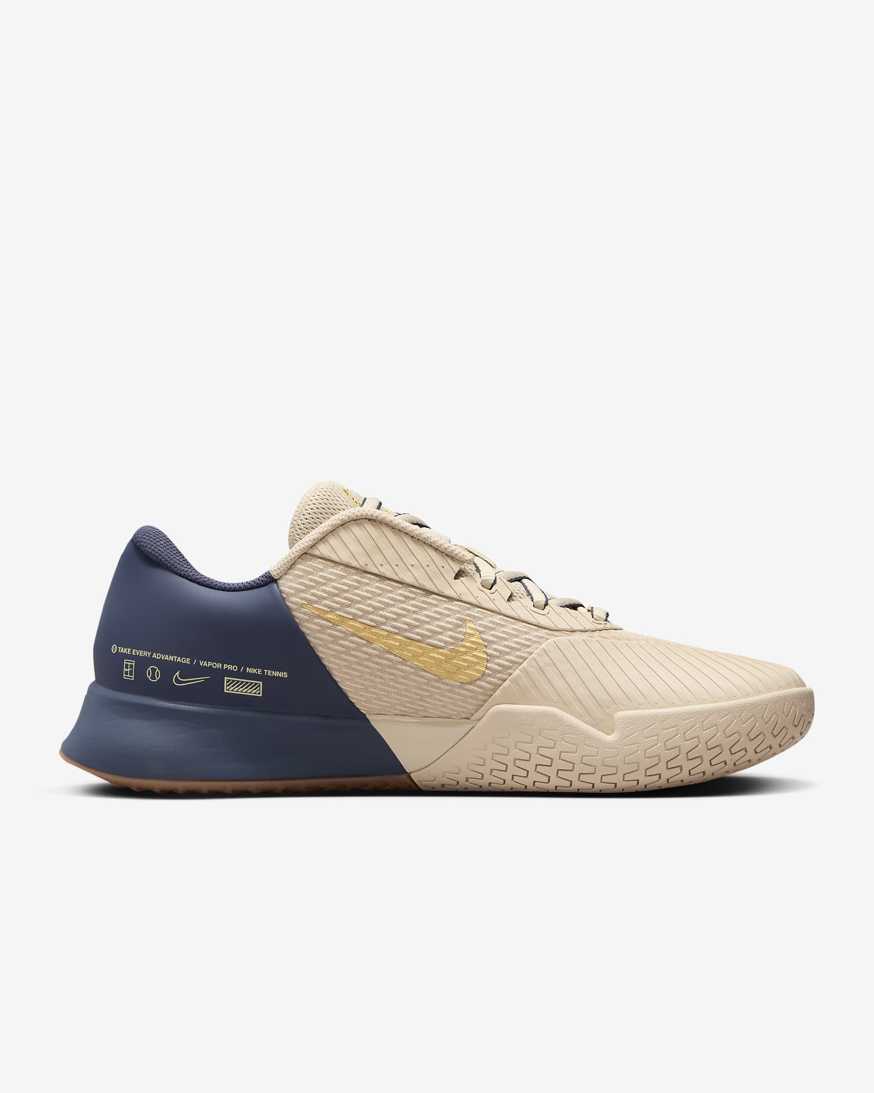 Nike Men's Court Air Zoom Vapor Pro 2 Premium Hard Court Tennis Shoes in Sanddrift/Metallic Gold-Thunder Blue