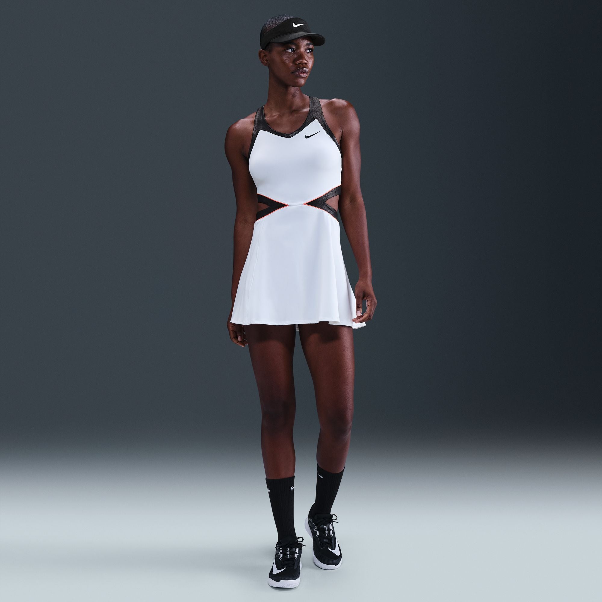 Nike Women's Court Slam Dri-FIT Tennis Dress in White/Black/Hot Punch