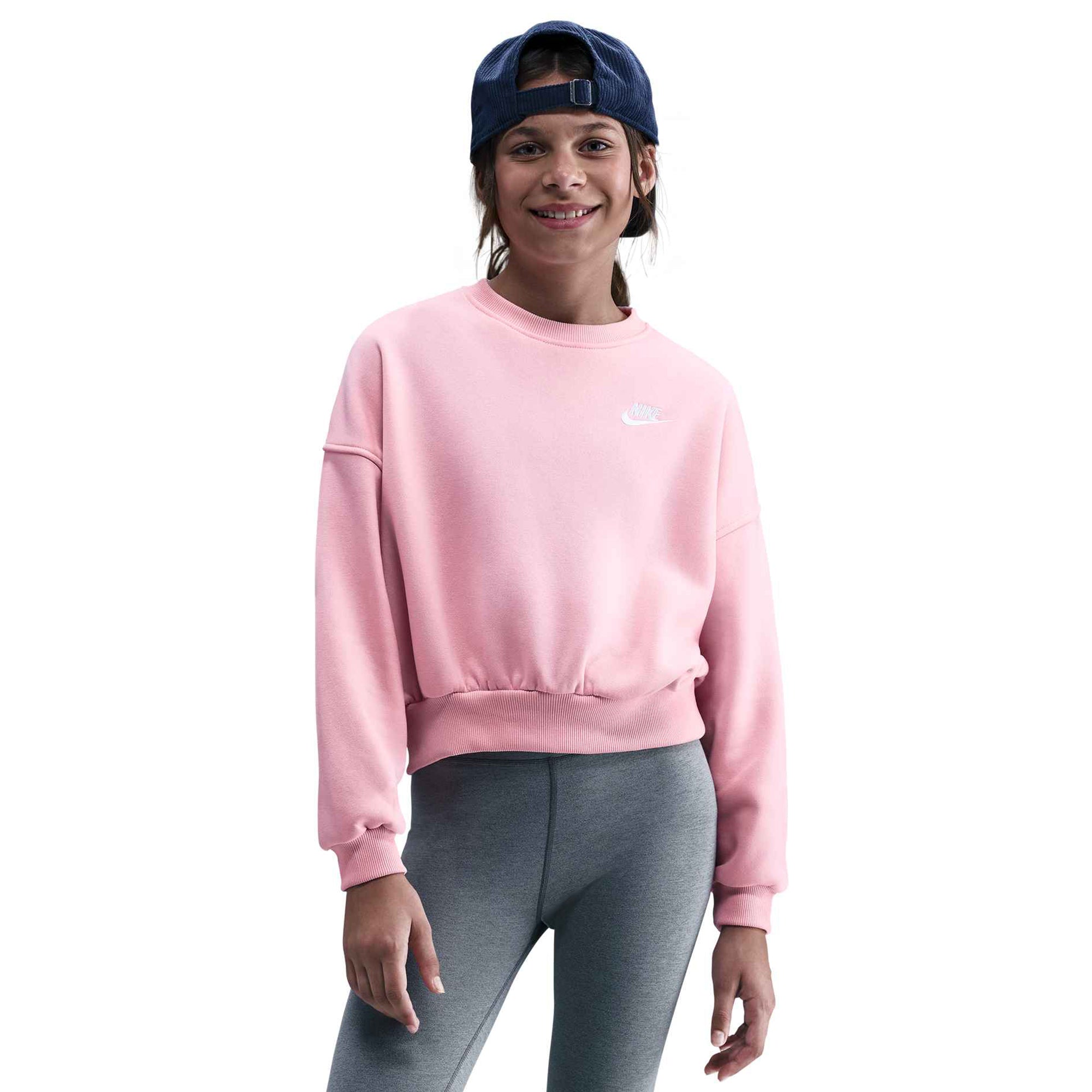 Nike Sportswear Club Fleece Girls' Boxy Crew-Neck Sweatshirt in Med Soft Pink/Med Soft Pink/White