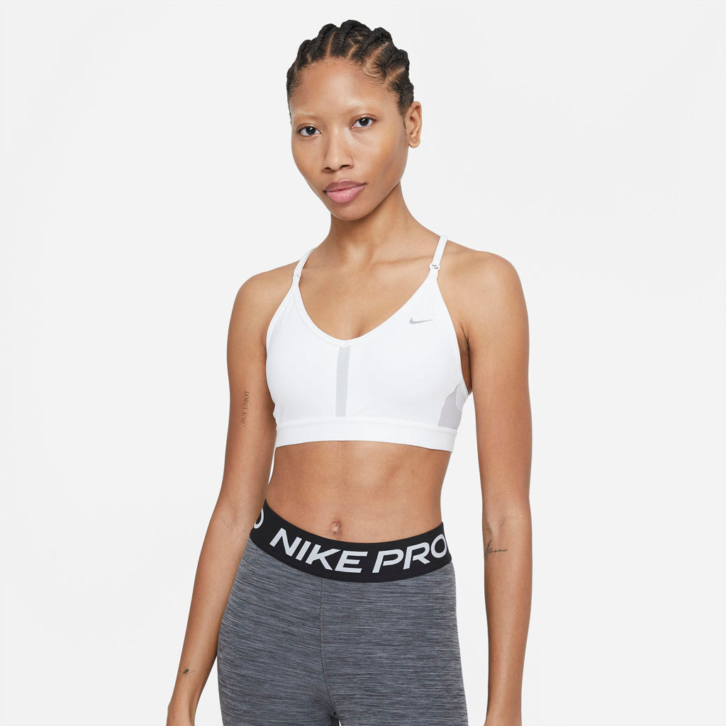 Nike Women's Indy Light-Support Padded V-Neck Sports Bra in White/Grey Fog/Particle Grey