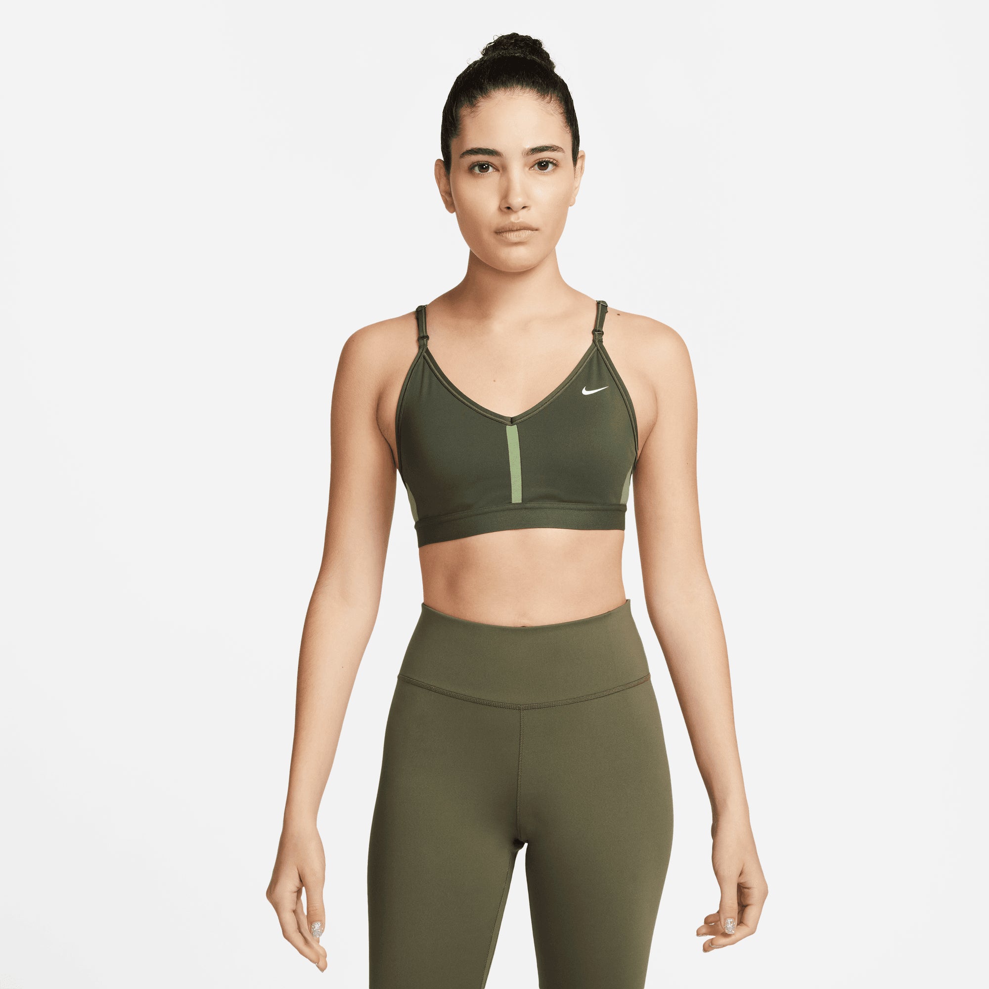 Nike Women's Indy Light-Support Padded V-Neck Sports Bra in Cargo Khaki/Alligator/Cargo Khaki/White
