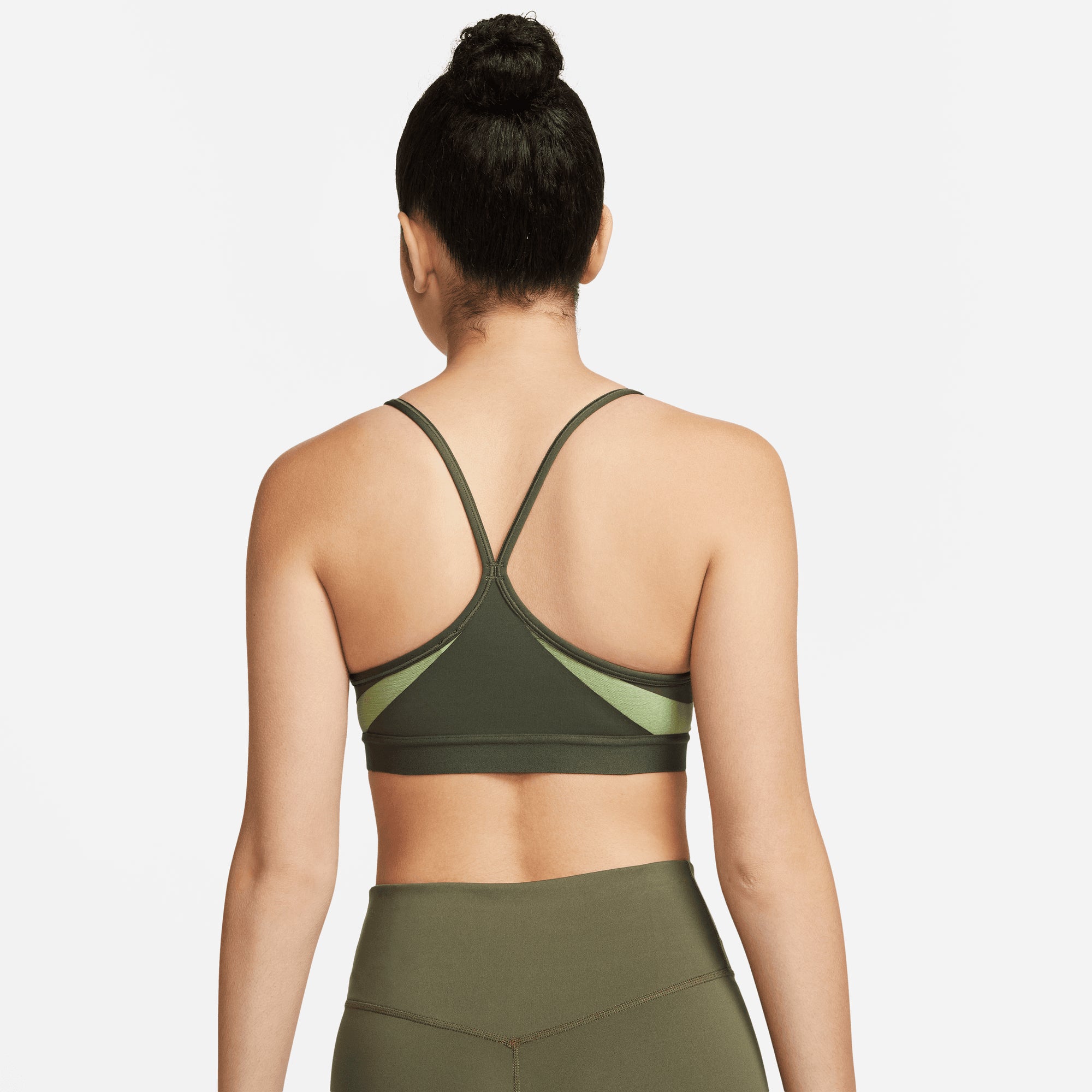 Nike Women's Indy Light-Support Padded V-Neck Sports Bra in Cargo Khaki/Alligator/Cargo Khaki/White