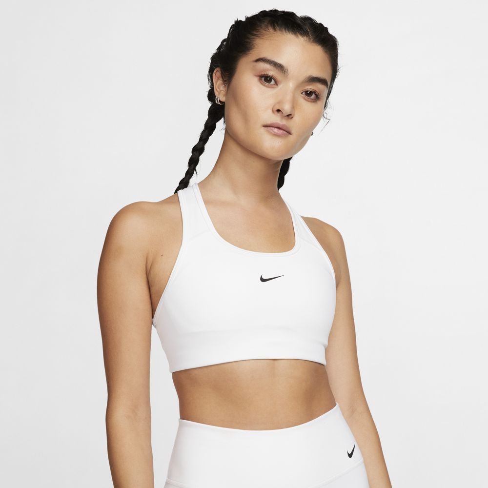 Nike Women's Dri-FIT Swoosh Medium-Support 1-Piece Pad Sports Bra in White/Black