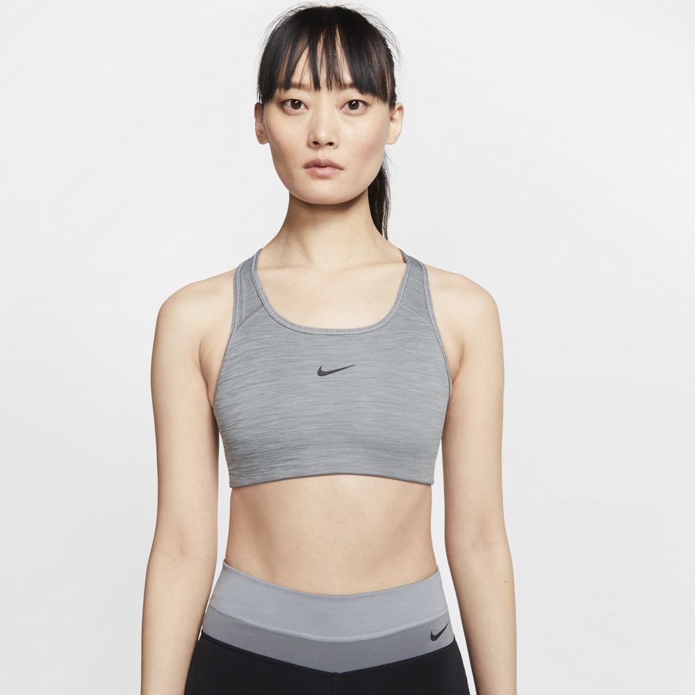 Nike Women's Dri-FIT Swoosh Medium-Support 1-Piece Pad Sports Bra in Smoke Grey/Htr/Black