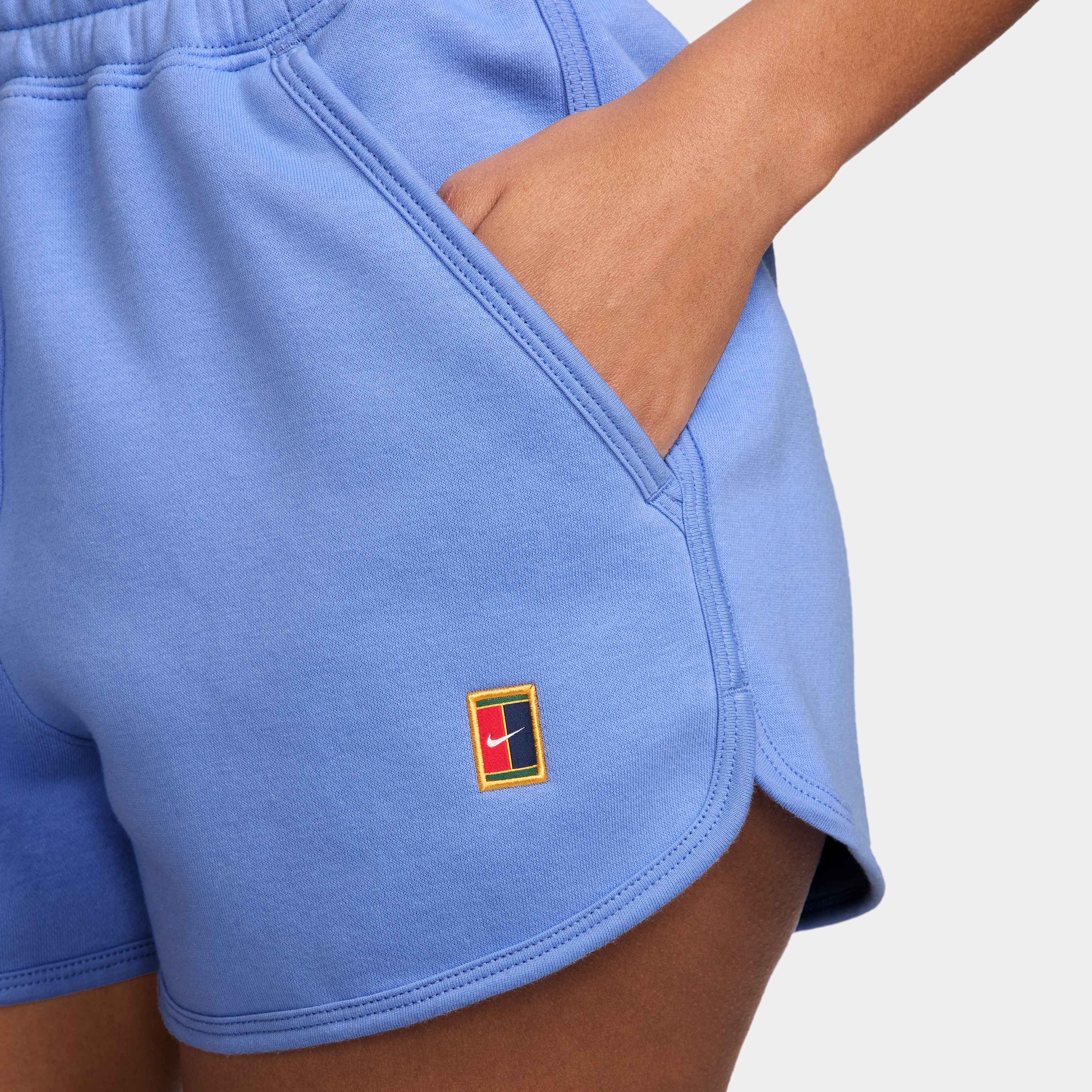 Nike Women's Court Heritage Mid-Rise Fleece Tennis Shorts in Royal Pulse