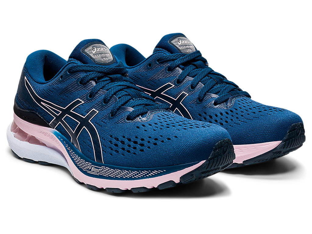 Asics Women's Gel-Kayano 28 Mako Wide (D) Running Shoes in Blue/Barely Rose