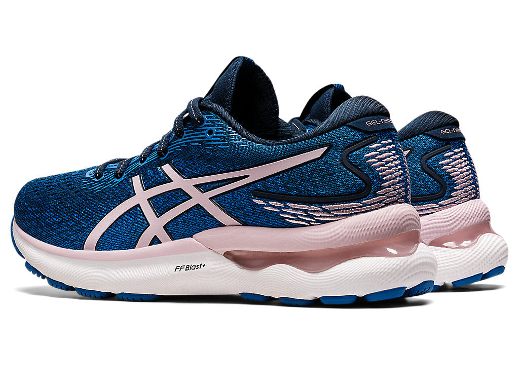 Asics Women's Gel-Nimbus 24 Wide (D) Running Shoes in French Blue/Barely Rose