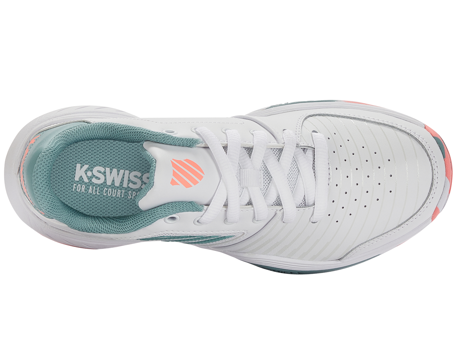 K-Swiss Kids Court Express Omni Tennis Shoes in White/Nile Blue/Desert Flower