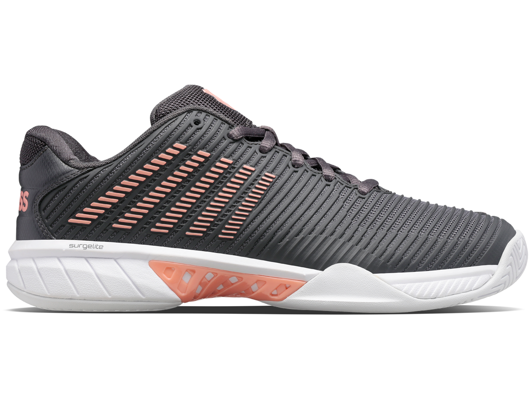 K-Swiss Womens Hypercourt Express 2 Tennis Shoes in Asphalt/White/Peach Amber