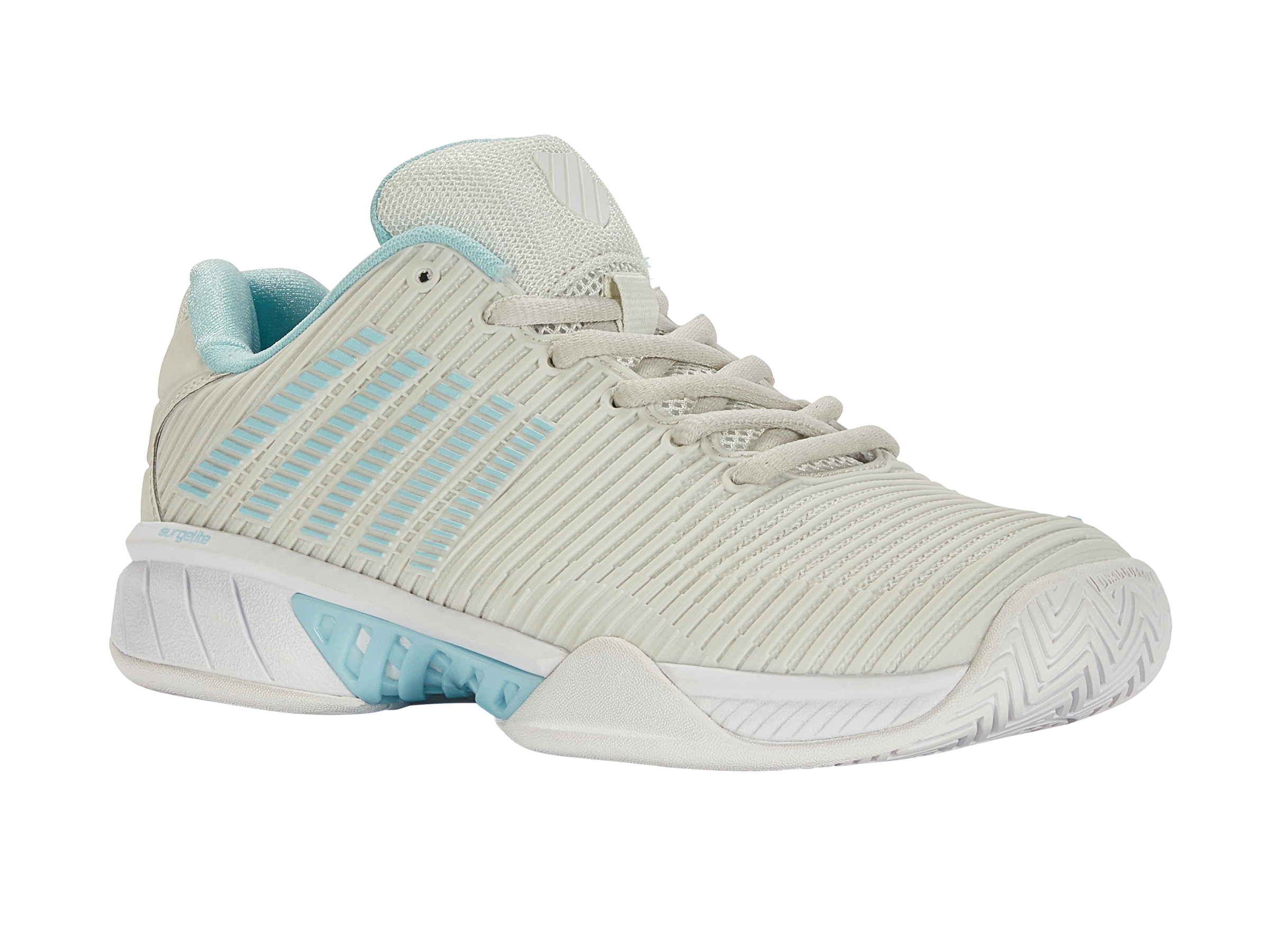 K-Swiss Women's Hypercourt Express 2 Wide Tennis Shoes in Vaporous Gray/White/Blue Glow