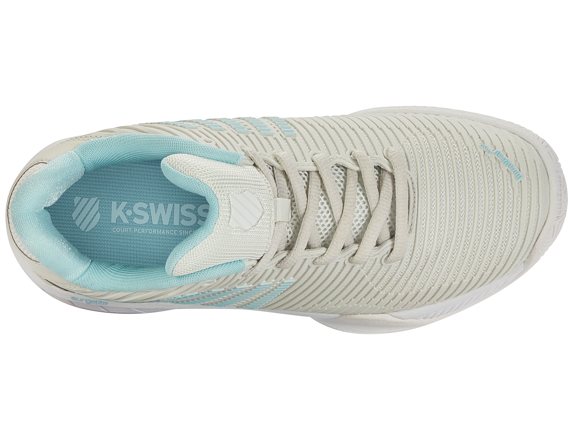 K-Swiss Women's Hypercourt Express 2 Wide Tennis Shoes in Vaporous Gray/White/Blue Glow