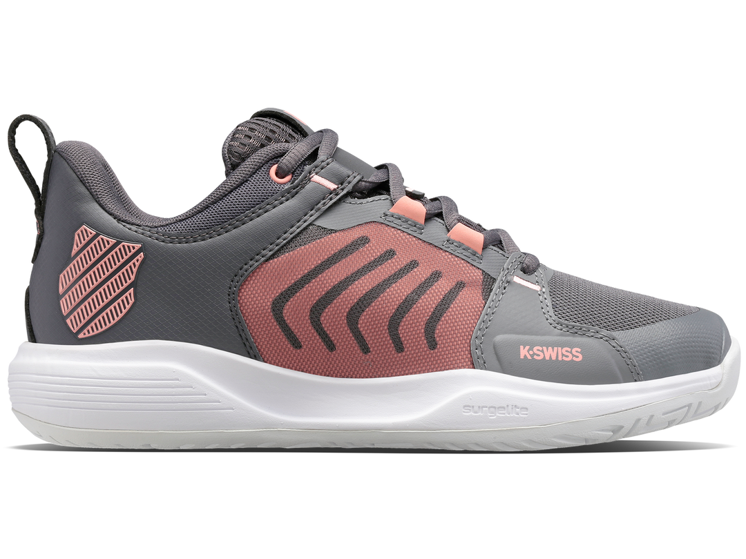K-Swiss Womens Ultrashot Team Tennis Shoes in Steel Gray/Asphalt/Peach Amber