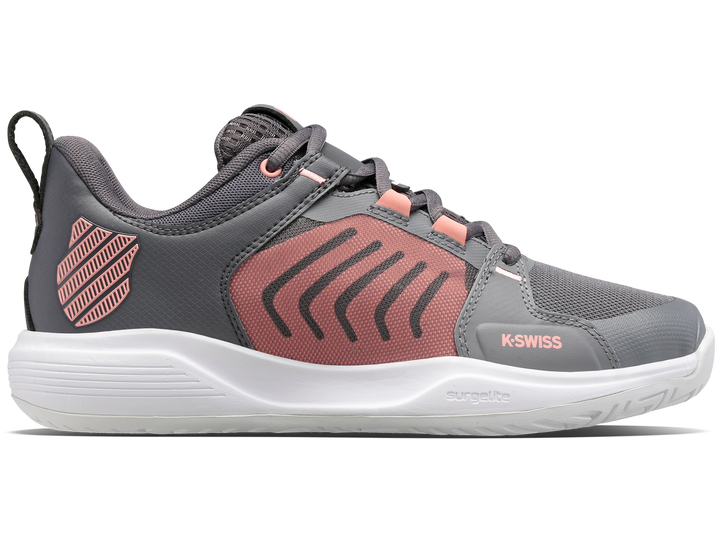 K-Swiss Womens Ultrashot Team Tennis Shoes in Steel Gray/Asphalt/Peach Amber