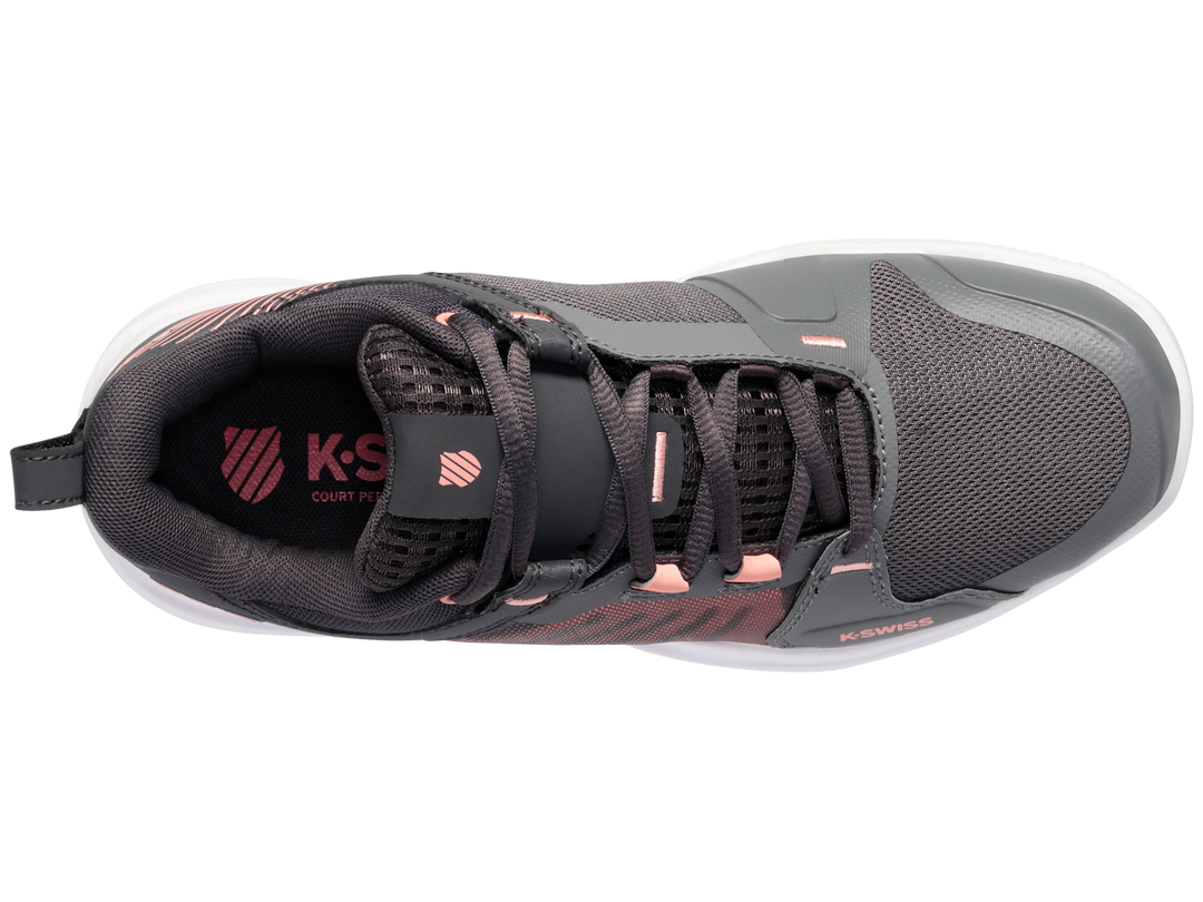 K-Swiss Womens Ultrashot Team Tennis Shoes in Steel Gray/Asphalt/Peach Amber