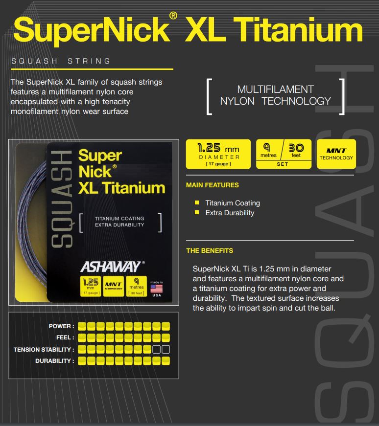 Ashaway Supernick XL Titanium 17 Squash String Set - Grey/Red/Blue - atr-sports